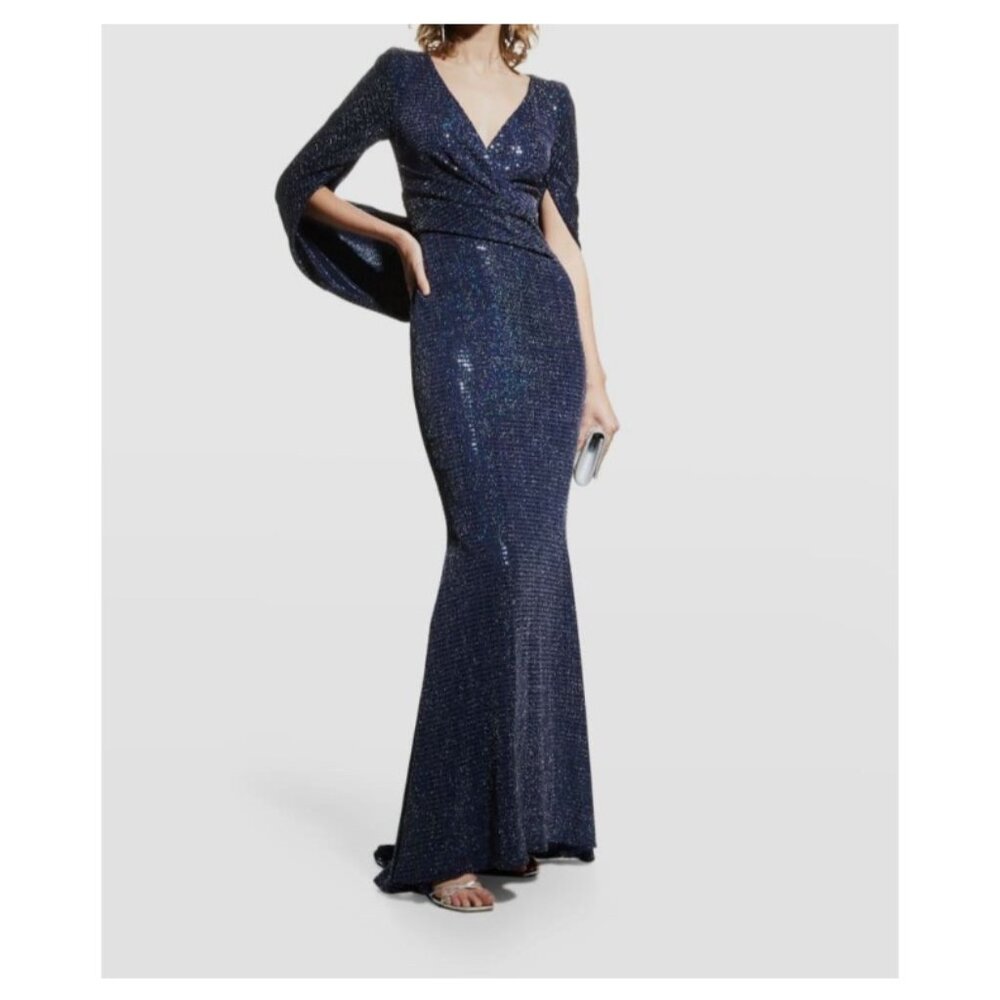 Talbot Runhof Women's Blue Rosin Metallic Sequin Draped Gown Dress size 16